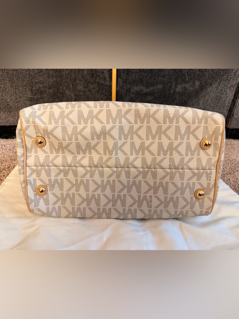Michael Kors Cream Logo Satchel with Tan Leather Trim and Gold Hardware - Picture 7 of 11
